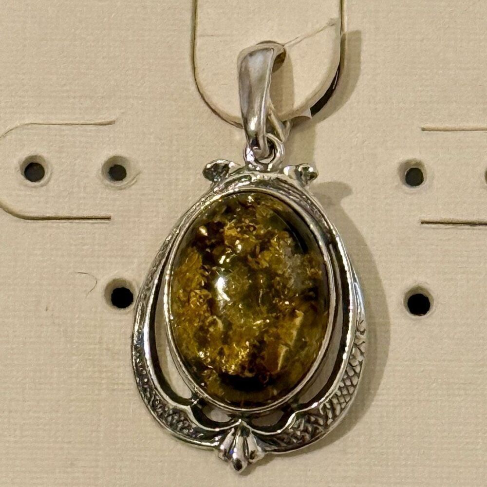 Natural Green Baltic Amber Oval Framed Pendant Necklace Sterling Silver New